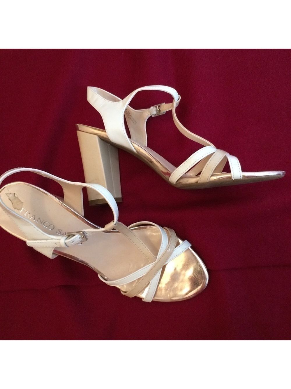 FRANCO SARTO cream bone strappy chunky block heel neutral sandal metallic nude